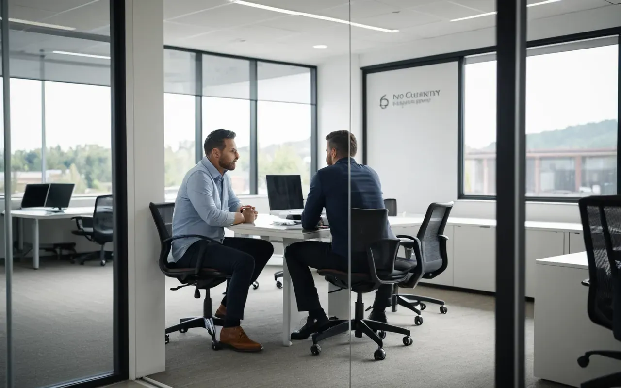 Two professionals having a serious discussion in a bright modern office with glass partitions and comfortable ergonomic chairs.
