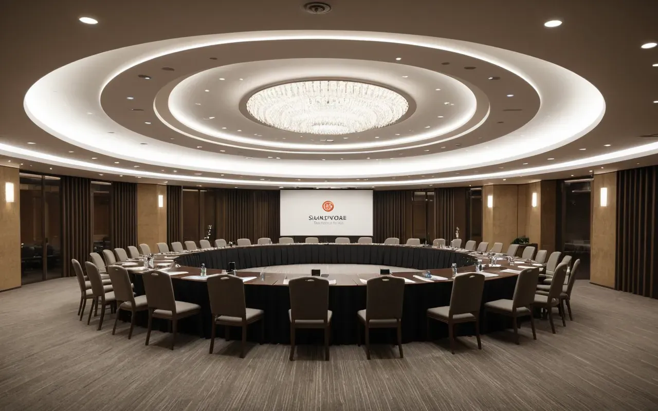 Wide shot of a modern conference room with round tables and chairs arranged in circles. Soft lighting from ceiling fixtures creates a warm atmosphere. Clean architectural details.