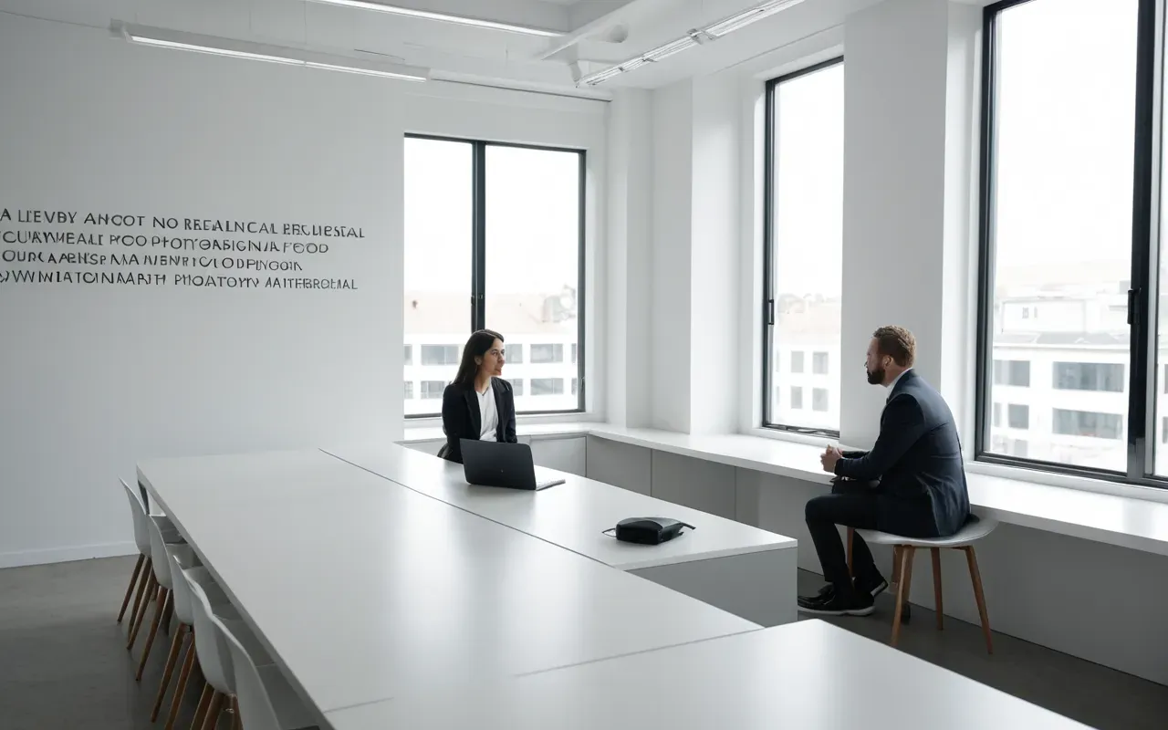 aktif üretim pratiği Wide shot of a modern minimalist office interior with two people sitting at a clean white table having a conversation soft natural daylight from large windows.