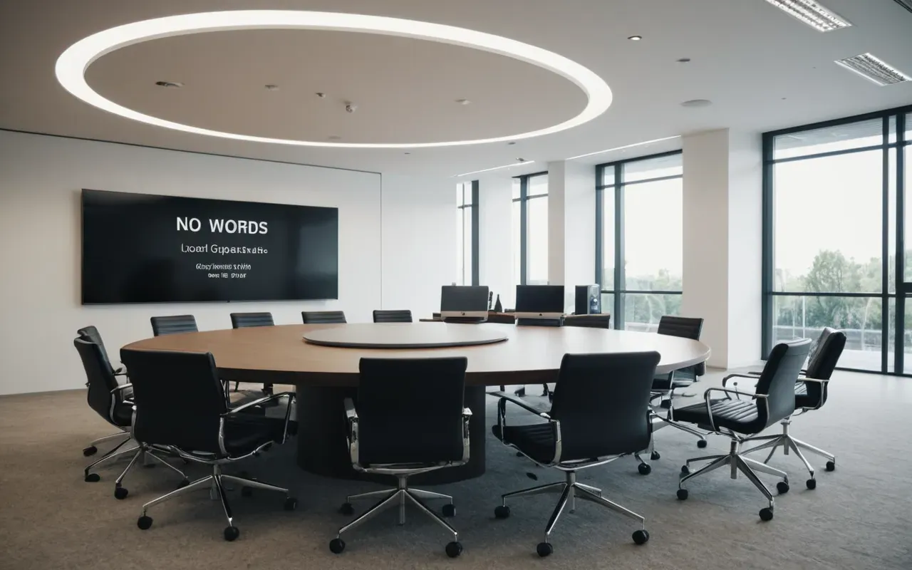 Wide shot of a modern professional meeting room with round table and ergonomic chairs where diverse group discusses over documents with laptops open under bright ceiling lights in contemporary office space